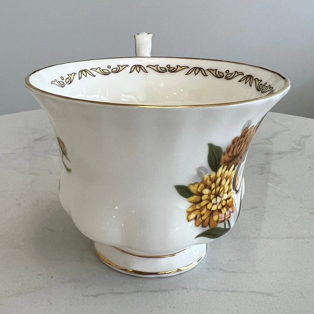 E&R Golden Crown Bone China October Bouquet of the Month Series Cup & Saucer Vtg